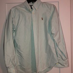 Women’s button down, long sleeve, Ralph Lauren shirt, aqua blue and white